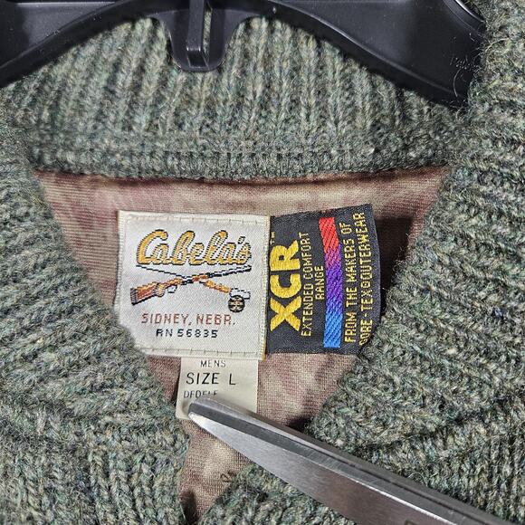 Vintage Cabelas Sweater Mens L XCR Wool Pullover Green Elbow Patch Lined Hunting - Picture 5 of 11